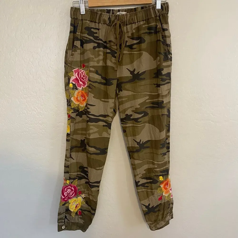 Johnny Was Vella Camo Print Cropped Linen Pants Womens Size Small Floral Boho - Picture 2 of 7